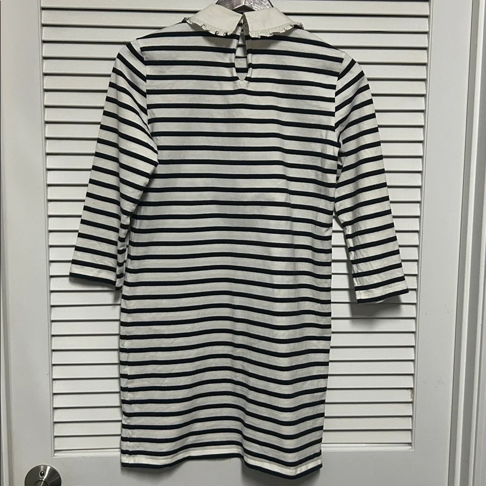 Kate Spade Navy and Cream Long Sleeve Striped Cotton Dress with Ruffle Collar